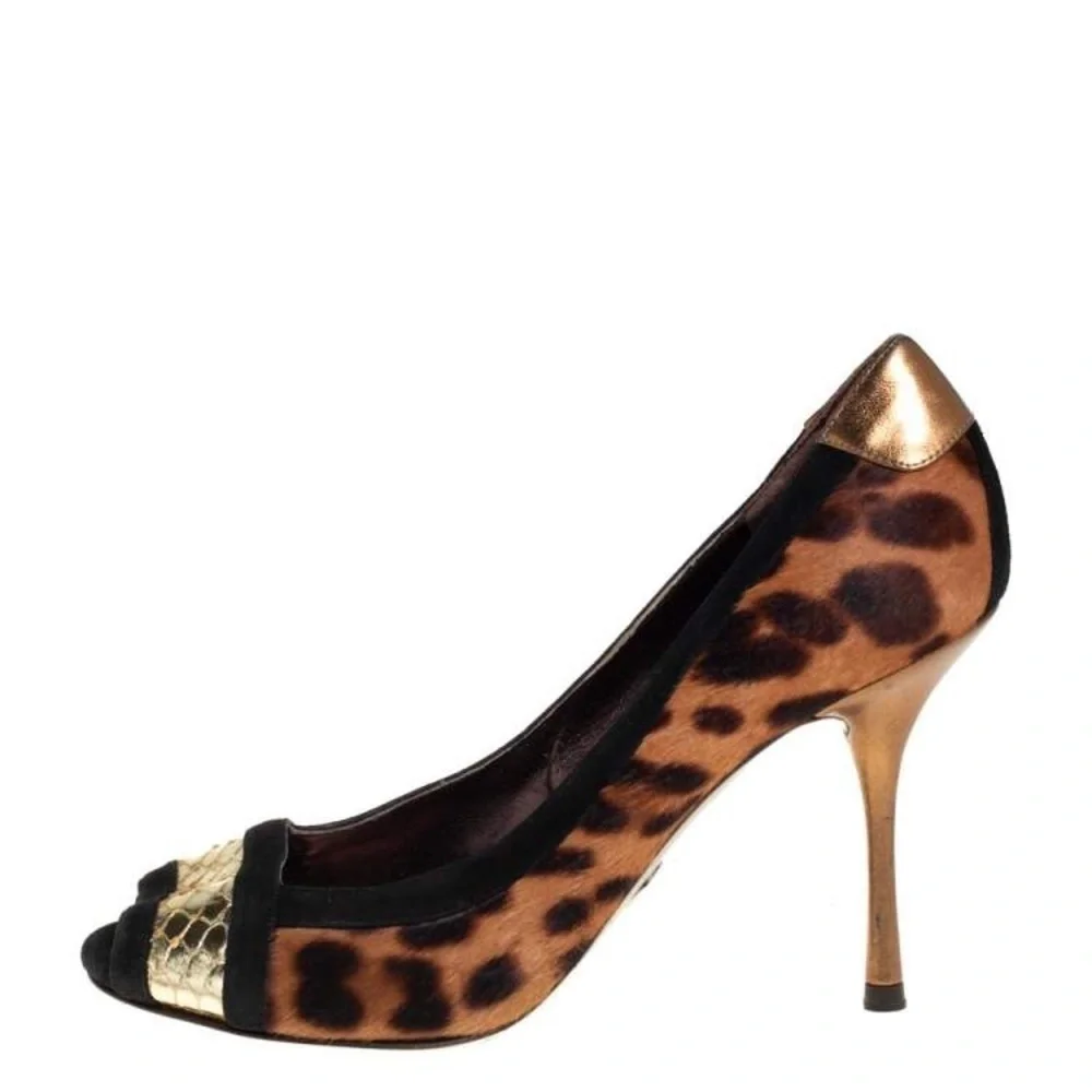 Dolce & gabbana / pony calf hair leopard multi peep open toe pumps 39 9 heels